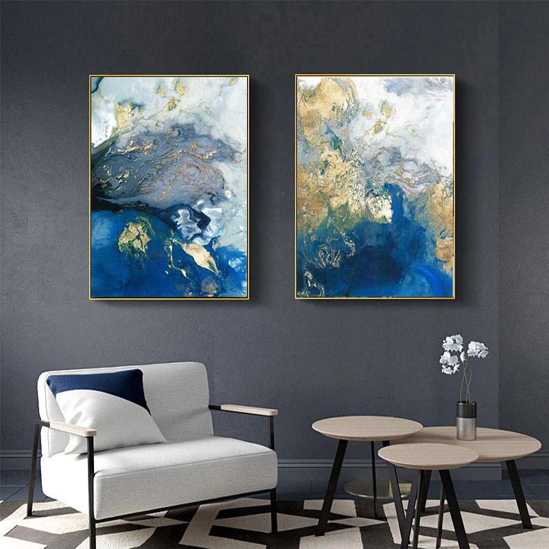 Wall Art 80cmx120cm Marbled Blue And Gold 2 Sets Gold Frame Canvas