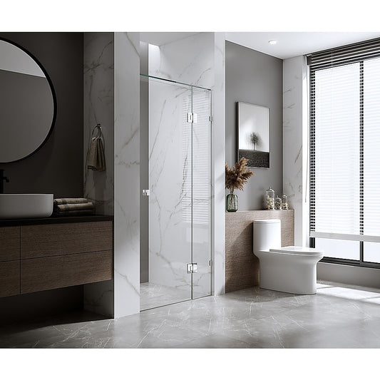 100cm Wall to Wall Frameless Shower Screen with White Brackets and Brass Hinges, Square Double Pull Handle