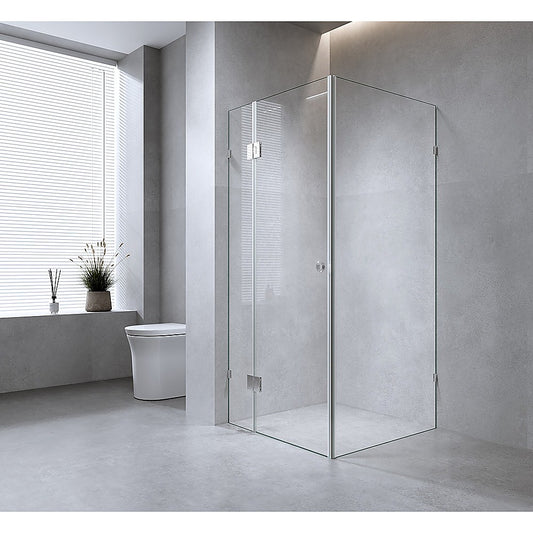 100x100cm Corner Frameless Shower Screen with Chrome Brackets and Brass Hinges